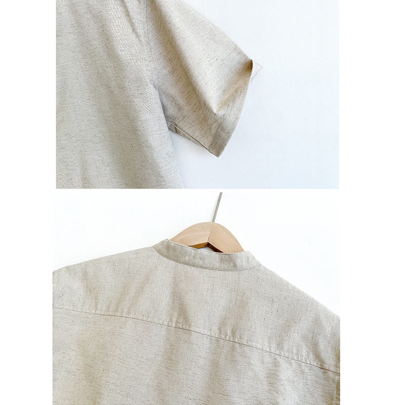 Camisa de lino con botones de manga corta para hombre de color sólido con Buddha Stones - image 13