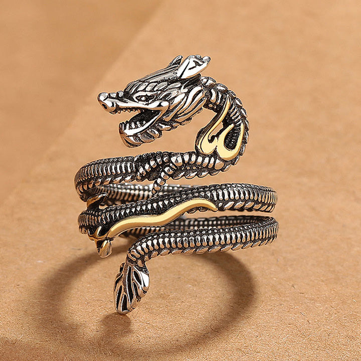 Anillo de fuerza de cobre con diseño de dragón vintage de Buddha Stones