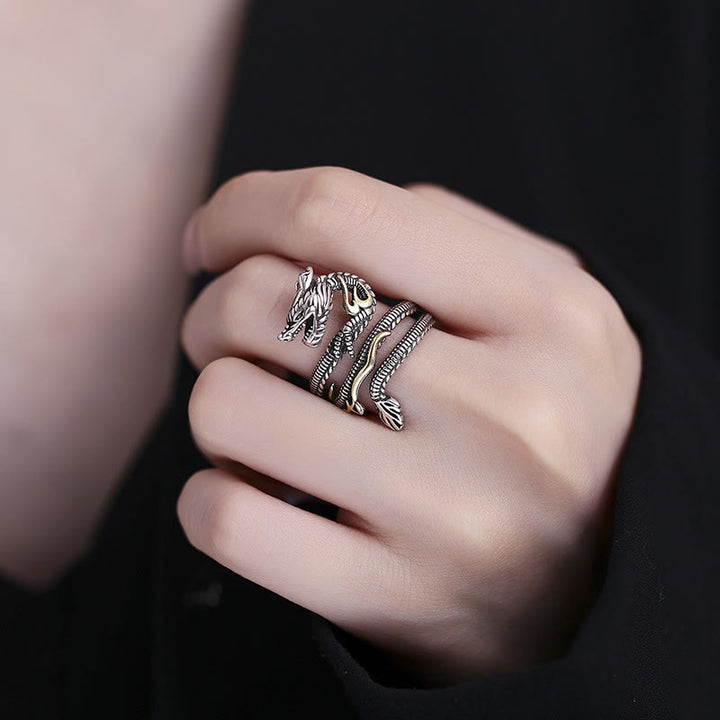 Anillo de fuerza de cobre con diseño de dragón vintage de Buddha Stones