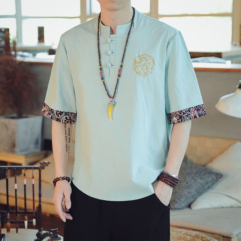 Buddha Stones Botón de rana Bordado de dragón traje chino Tang camisa de manga corta ropa de lino para hombres - Crema de menta - US/UK/AU46, EU56 (5XL)  - image 11