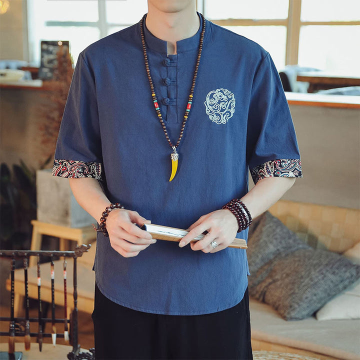 Buddha Stones Botón de rana Bordado de dragón traje chino Tang camisa de manga corta ropa de lino para hombres - Azul acero - US/UK/AU46, EU56 (5XL)  - image 33