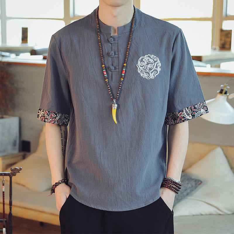 Buddha Stones Botón de rana Bordado de dragón traje chino Tang camisa de manga corta ropa de lino para hombres - Gris - US/UK/AU46, EU56 (5XL)  - image 0