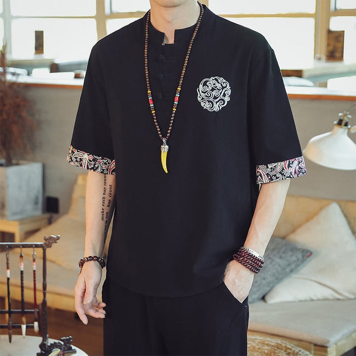 Buddha Stones Botón de rana Bordado de dragón traje chino Tang camisa de manga corta ropa de lino para hombres - Negro - US/UK/AU46, EU56 (5XL)  - image 25