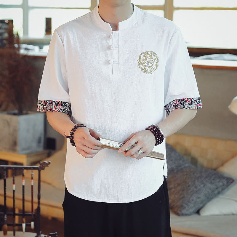 Buddha Stones Botón de rana Bordado de dragón traje chino Tang camisa de manga corta ropa de lino para hombres - Blanco - US/UK/AU46, EU56 (5XL)  - image 18