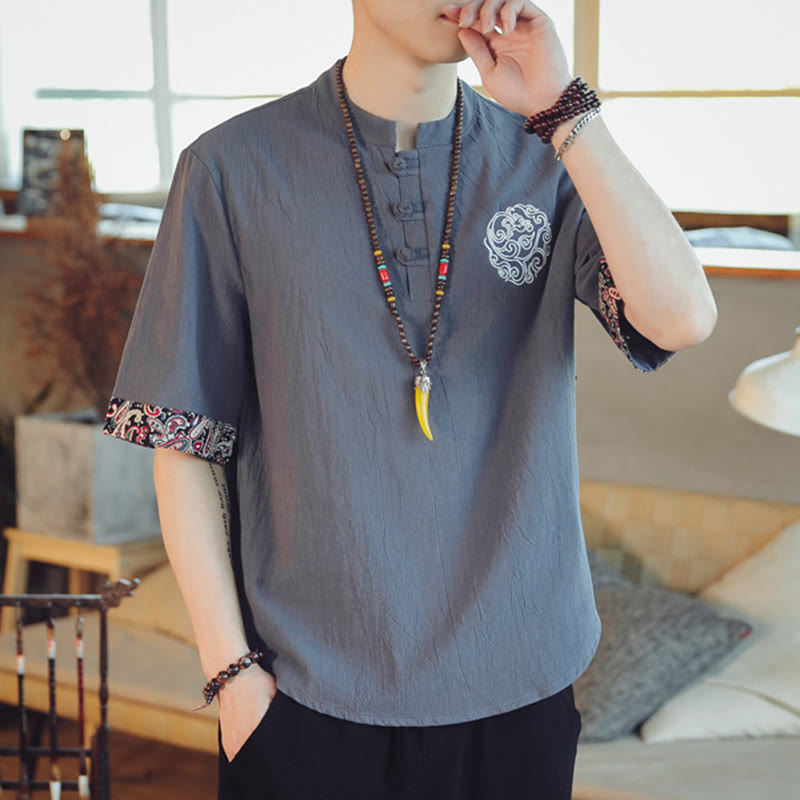 Buddha Stones Botón de rana Bordado de dragón traje chino Tang camisa de manga corta ropa de lino para hombres - image 3