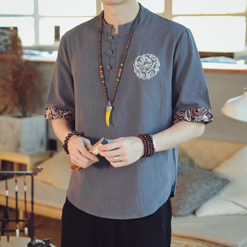 Camisa de manga corta para hombre con bordado de dragón y Buddha Stones, estilo chino Tang. - image 1