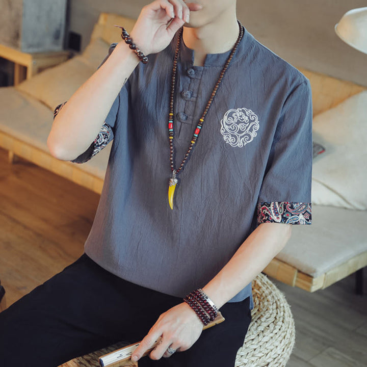 Buddha Stones Botón de rana Bordado de dragón traje chino Tang camisa de manga corta ropa de lino para hombres - image 7