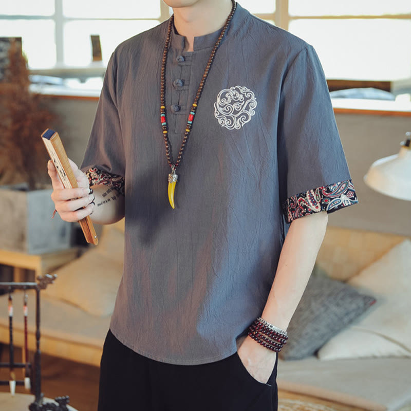 Buddha Stones Botón de rana Bordado de dragón traje chino Tang camisa de manga corta ropa de lino para hombres - image 6