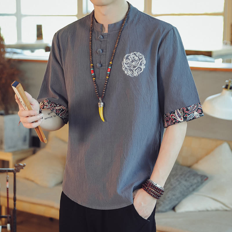 Buddha Stones Botón de rana Bordado de dragón traje chino Tang camisa de manga corta ropa de lino para hombres - image 4