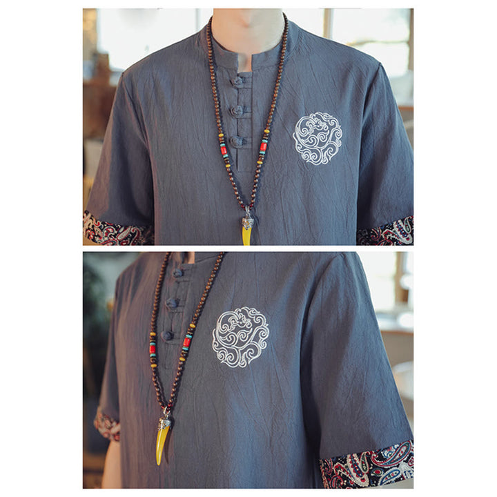 Camisa de manga corta para hombre con bordado de dragón y Buddha Stones, estilo chino Tang. - image 9