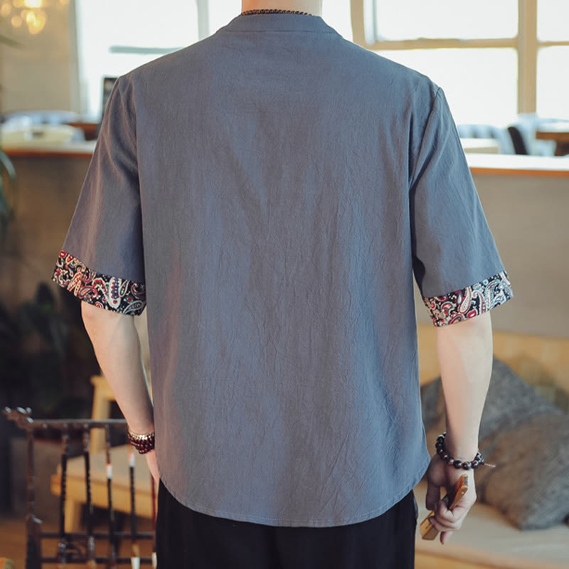 Buddha Stones Botón de rana Bordado de dragón traje chino Tang camisa de manga corta ropa de lino para hombres - image 2