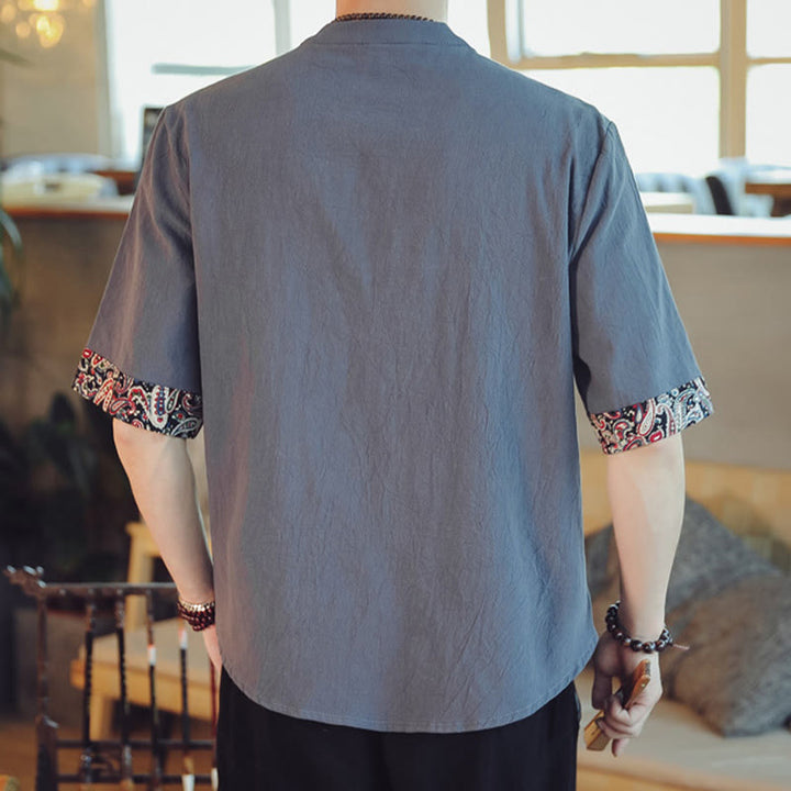 Buddha Stones Botón de rana Bordado de dragón traje chino Tang camisa de manga corta ropa de lino para hombres - image 2