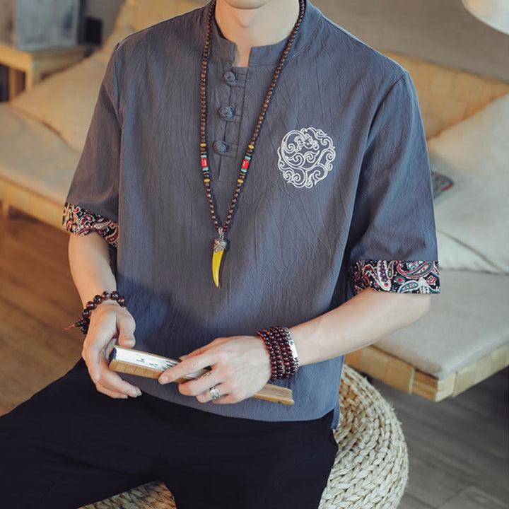Buddha Stones Botón de rana Bordado de dragón traje chino Tang camisa de manga corta ropa de lino para hombres - image 8