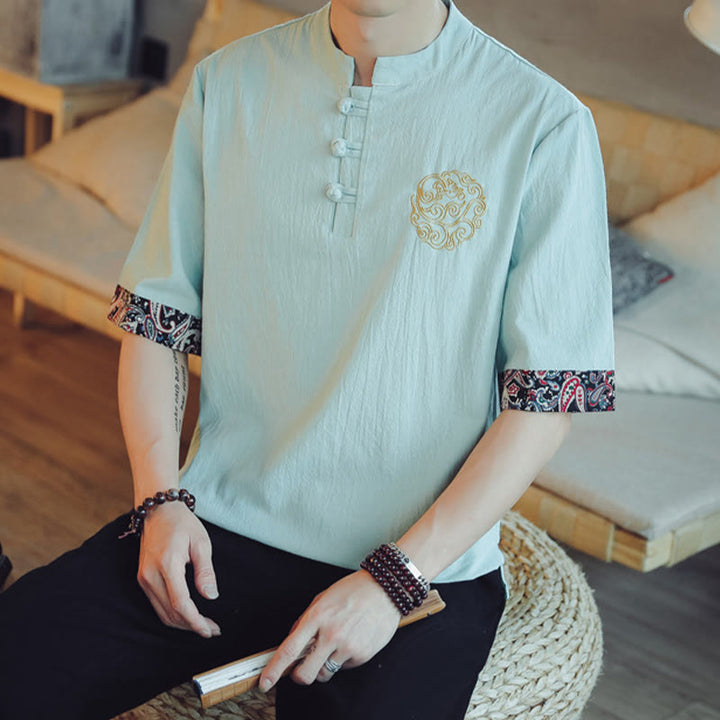 Buddha Stones Botón de rana Bordado de dragón traje chino Tang camisa de manga corta ropa de lino para hombres - image 17