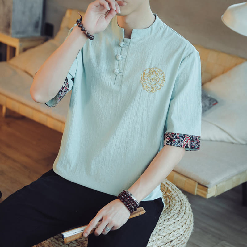 Buddha Stones Botón de rana Bordado de dragón traje chino Tang camisa de manga corta ropa de lino para hombres - image 16
