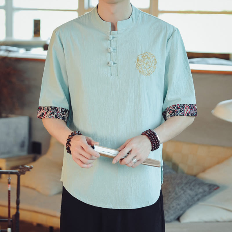 Buddha Stones Botón de rana Bordado de dragón traje chino Tang camisa de manga corta ropa de lino para hombres - image 14