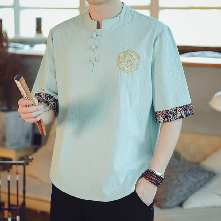 Buddha Stones Botón de rana Bordado de dragón traje chino Tang camisa de manga corta ropa de lino para hombres - image 15