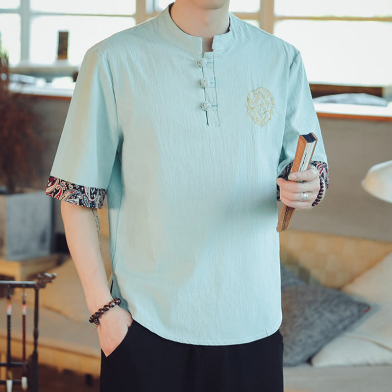 Buddha Stones Botón de rana Bordado de dragón traje chino Tang camisa de manga corta ropa de lino para hombres - image 12