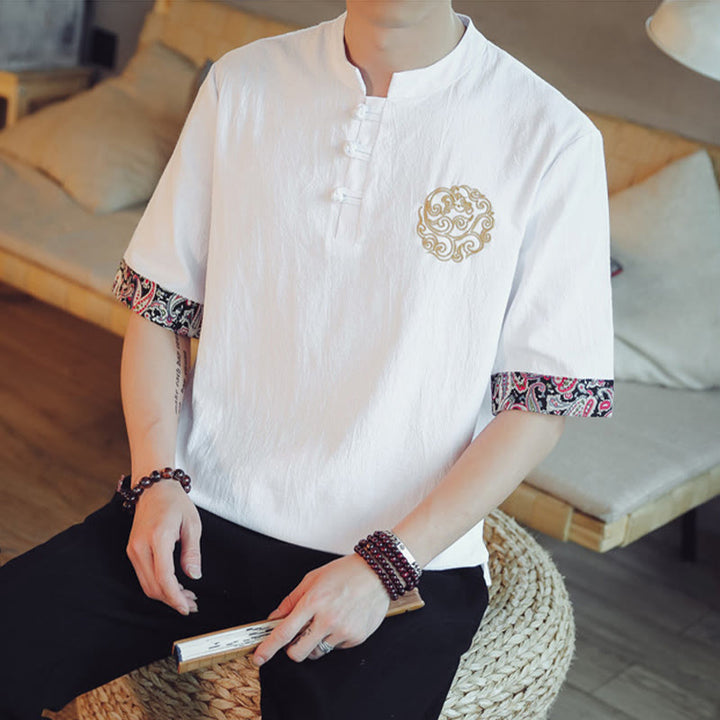Buddha Stones Botón de rana Bordado de dragón traje chino Tang camisa de manga corta ropa de lino para hombres - image 24