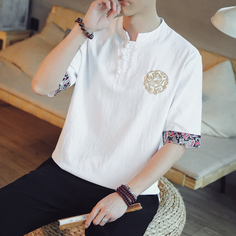 Buddha Stones Botón de rana Bordado de dragón traje chino Tang camisa de manga corta ropa de lino para hombres - image 23