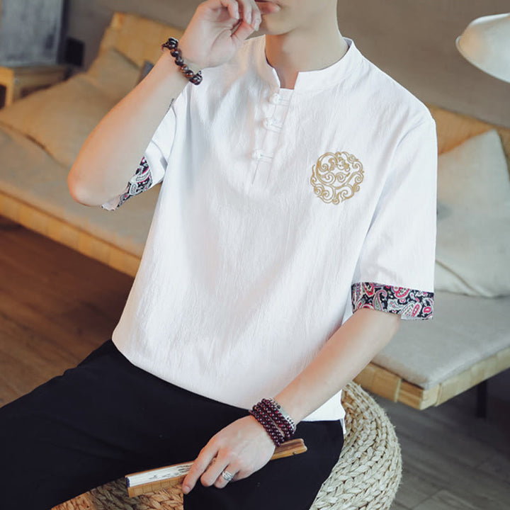 Buddha Stones Botón de rana Bordado de dragón traje chino Tang camisa de manga corta ropa de lino para hombres - image 23