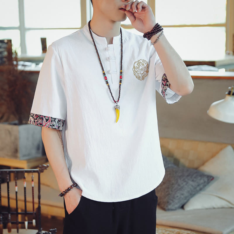 Buddha Stones Botón de rana Bordado de dragón traje chino Tang camisa de manga corta ropa de lino para hombres - image 22