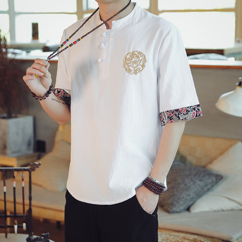 Buddha Stones Botón de rana Bordado de dragón traje chino Tang camisa de manga corta ropa de lino para hombres - image 21