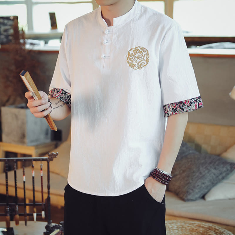 Buddha Stones Botón de rana Bordado de dragón traje chino Tang camisa de manga corta ropa de lino para hombres - image 20