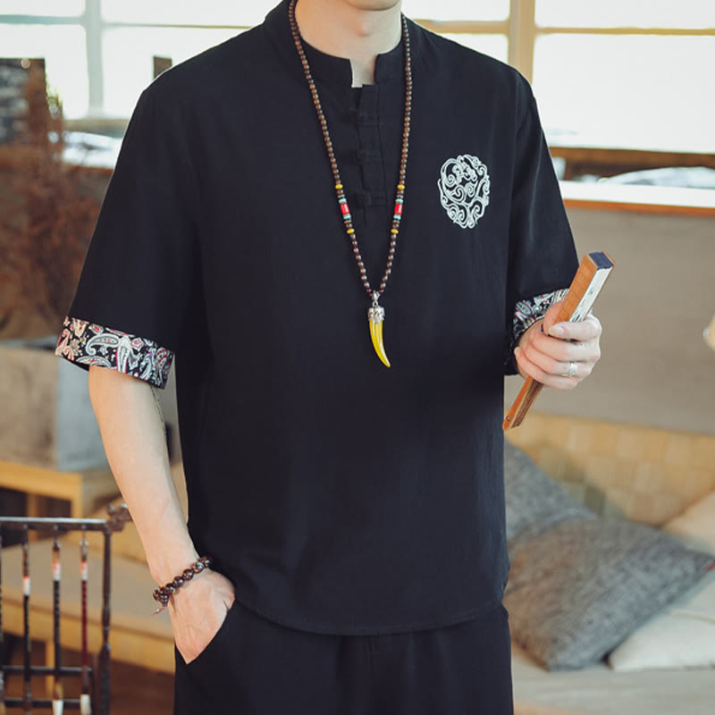 Buddha Stones Botón de rana Bordado de dragón traje chino Tang camisa de manga corta ropa de lino para hombres - image 26