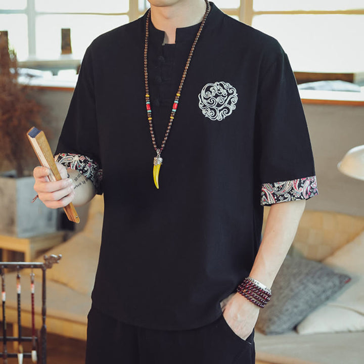 Buddha Stones Botón de rana Bordado de dragón traje chino Tang camisa de manga corta ropa de lino para hombres - image 29