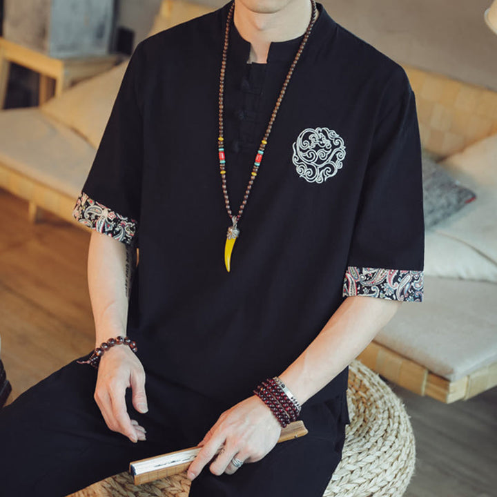 Buddha Stones Botón de rana Bordado de dragón traje chino Tang camisa de manga corta ropa de lino para hombres - image 31
