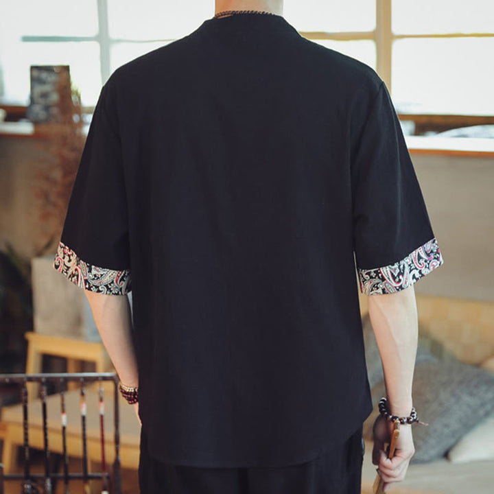 Buddha Stones Botón de rana Bordado de dragón traje chino Tang camisa de manga corta ropa de lino para hombres - image 27