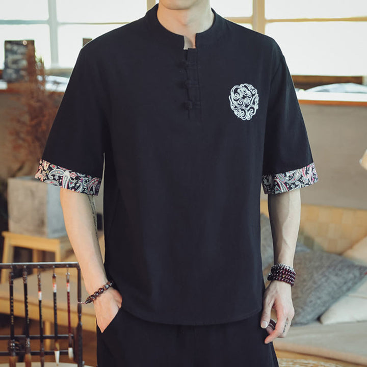 Buddha Stones Botón de rana Bordado de dragón traje chino Tang camisa de manga corta ropa de lino para hombres - image 28