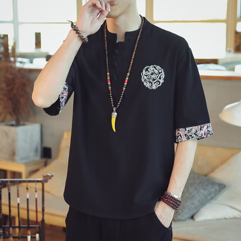 Buddha Stones Botón de rana Bordado de dragón traje chino Tang camisa de manga corta ropa de lino para hombres - image 30