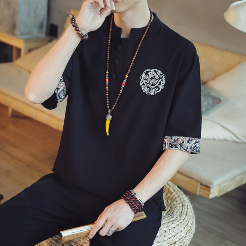 Buddha Stones Botón de rana Bordado de dragón traje chino Tang camisa de manga corta ropa de lino para hombres - image 32
