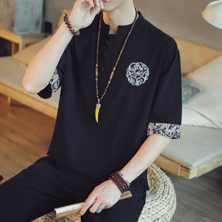 Buddha Stones Botón de rana Bordado de dragón traje chino Tang camisa de manga corta ropa de lino para hombres - image 32