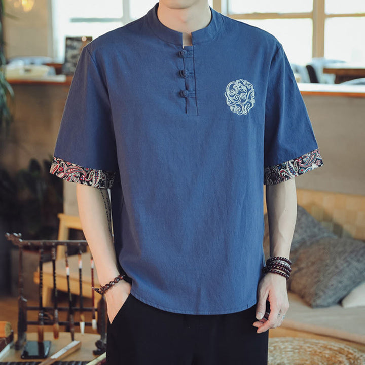 Buddha Stones Botón de rana Bordado de dragón traje chino Tang camisa de manga corta ropa de lino para hombres - image 34