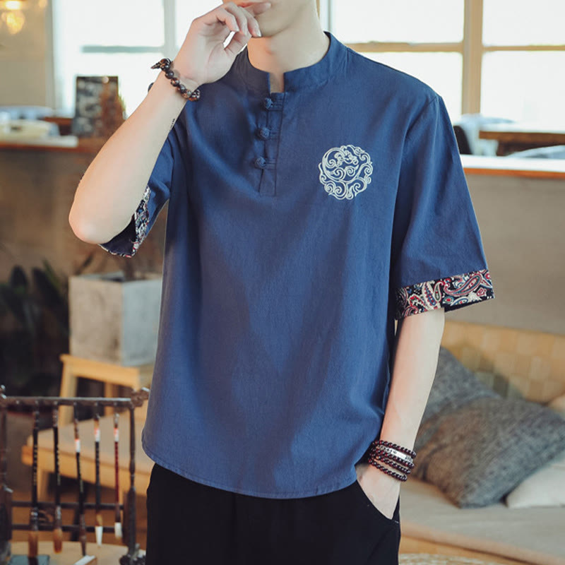 Buddha Stones Botón de rana Bordado de dragón traje chino Tang camisa de manga corta ropa de lino para hombres - image 36
