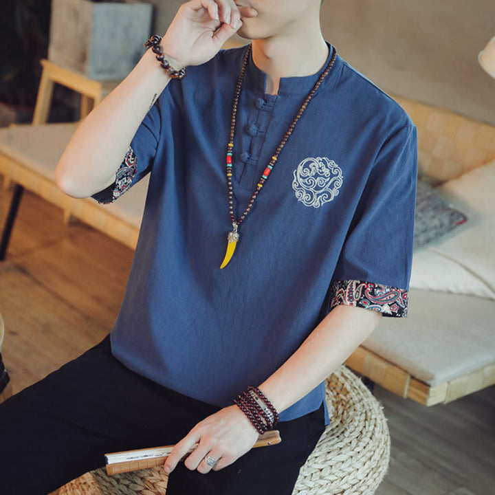 Buddha Stones Botón de rana Bordado de dragón traje chino Tang camisa de manga corta ropa de lino para hombres - image 40
