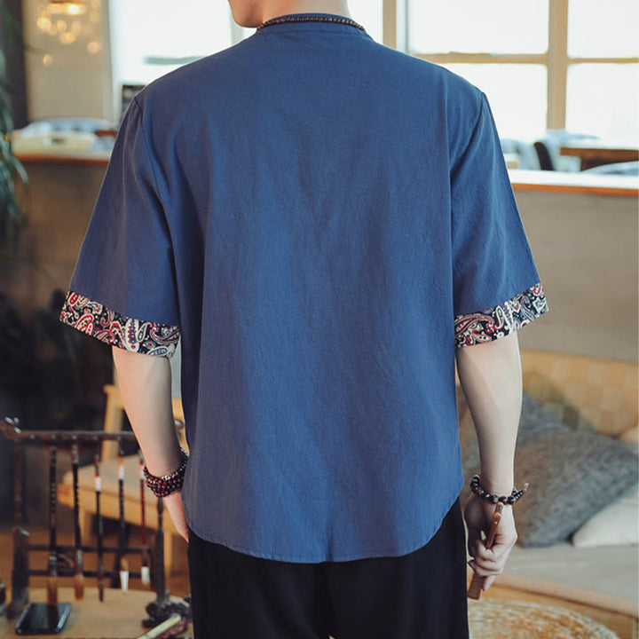 Buddha Stones Botón de rana Bordado de dragón traje chino Tang camisa de manga corta ropa de lino para hombres - image 35