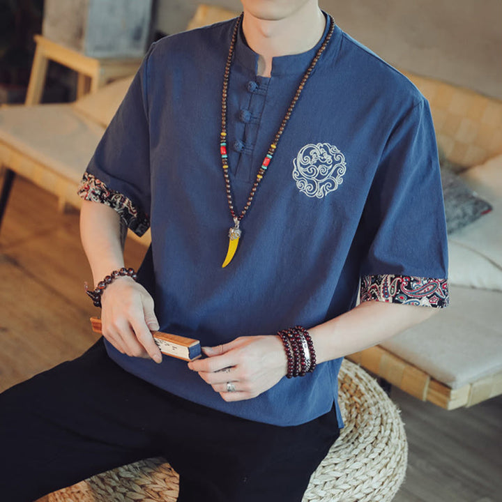 Buddha Stones Botón de rana Bordado de dragón traje chino Tang camisa de manga corta ropa de lino para hombres - image 39