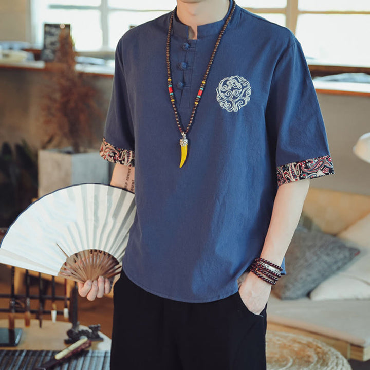 Buddha Stones Botón de rana Bordado de dragón traje chino Tang camisa de manga corta ropa de lino para hombres - image 38