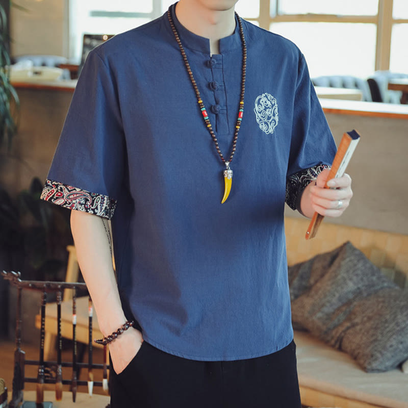 Camisa de manga corta para hombre con bordado de dragón y Buddha Stones, estilo chino Tang. - image 37