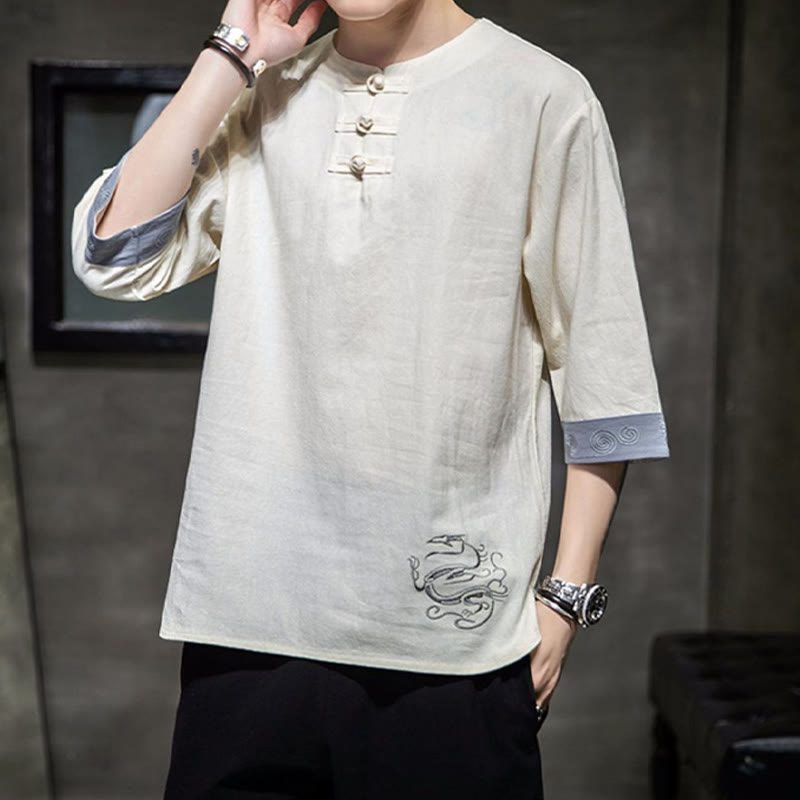 Ropa de hombre de lino y algodón, traje Tang chino con bordado de dragón y botones de rana de Buddha Stones, camisa de manga tres cuartos - image 10