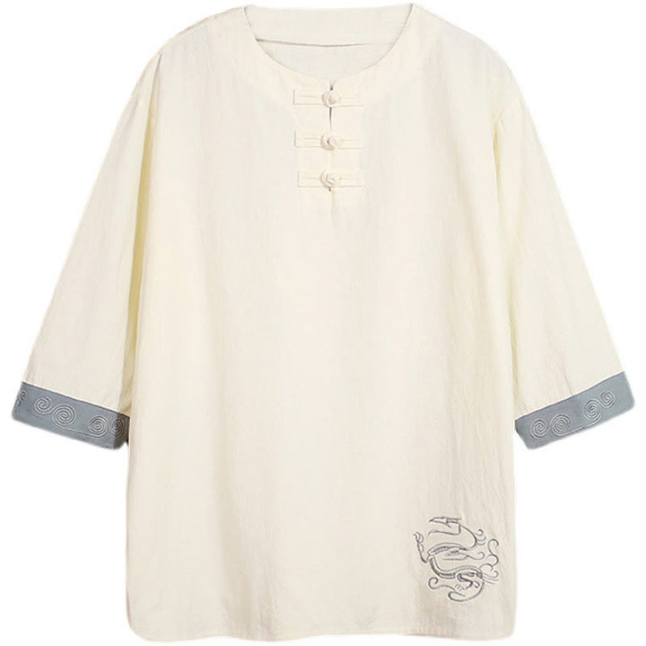 Ropa de hombre de lino y algodón, traje Tang chino con bordado de dragón y botones de rana de Buddha Stones, camisa de manga tres cuartos - image 11