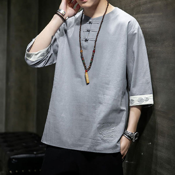 Ropa de hombre de lino y algodón, traje Tang chino con bordado de dragón y botones de rana de Buddha Stones, camisa de manga tres cuartos - image 19