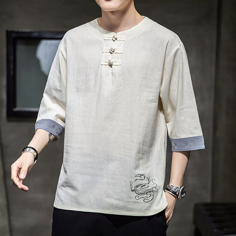 Ropa de hombre de lino y algodón, traje Tang chino con bordado de dragón y botones de rana de Buddha Stones, camisa de manga tres cuartos - image 7