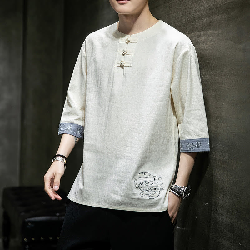 Ropa de hombre de lino y algodón, traje Tang chino con bordado de dragón y botones de rana de Buddha Stones, camisa de manga tres cuartos - Nieve - US/UK/AU46, EU56 (5XL)  - image 0