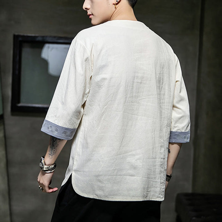 Ropa de hombre de lino y algodón, traje Tang chino con bordado de dragón y botones de rana de Buddha Stones, camisa de manga tres cuartos - image 2