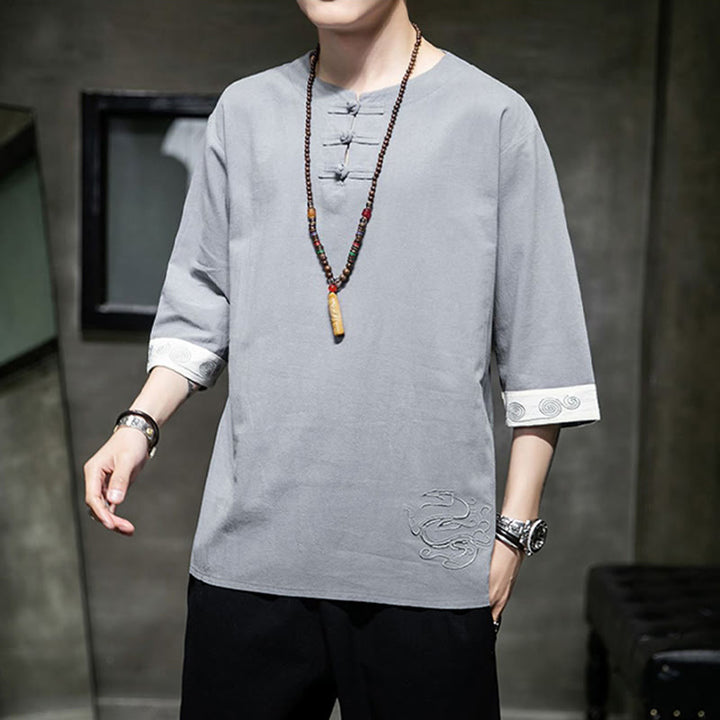 Ropa de hombre de lino y algodón, traje Tang chino con bordado de dragón y botones de rana de Buddha Stones, camisa de manga tres cuartos - image 21